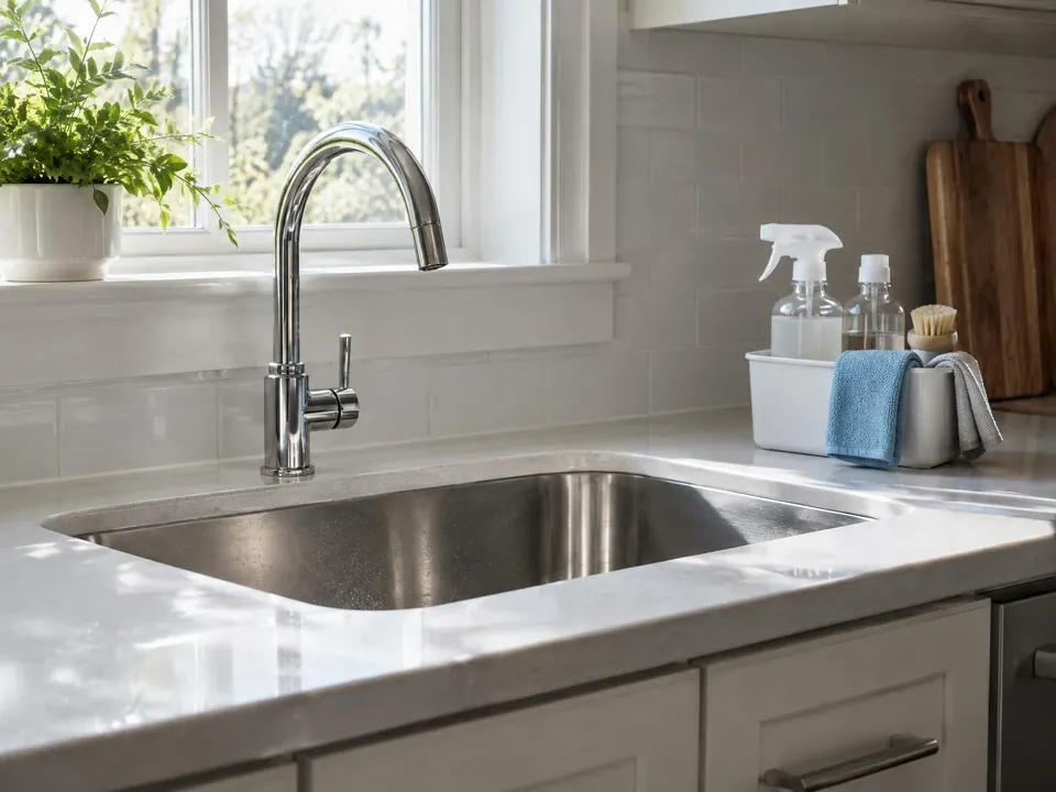 Spotless kitchen counter and sink with cleaning supplies tucked to the side