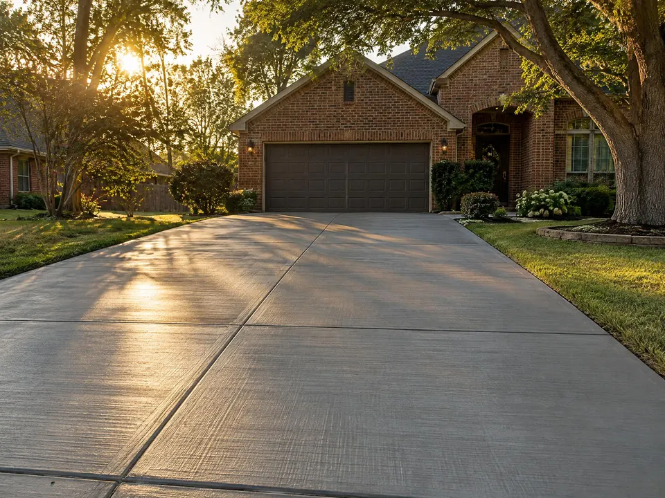 Fresh broom-finished concrete driveway with clean control joints in front of a brick home