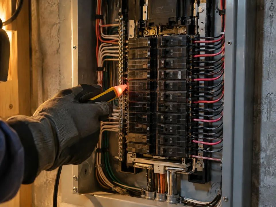 Gloved hand holding a voltage tester at an open breaker panel with neat wiring