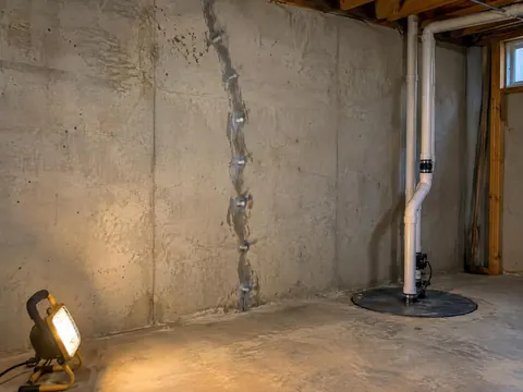 Basement foundation wall with a sealed vertical crack and a covered sump pit under a work light