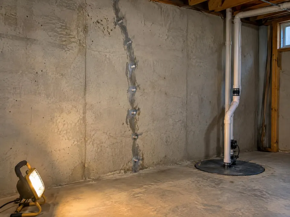 Basement foundation wall with a sealed vertical crack and a covered sump pit under a work light
