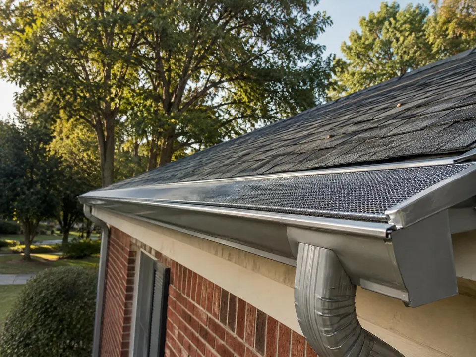 New seamless gutter with a mesh leaf guard along a brick home's roof edge