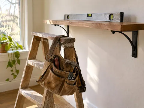 Tool belt on a step stool next to a newly mounted shelf with a level on top