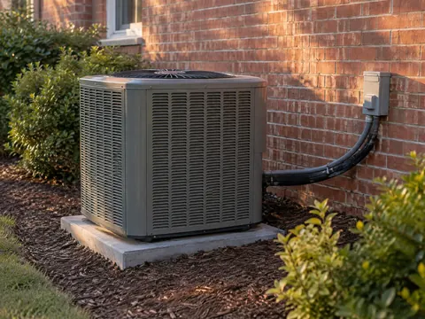 Outdoor air conditioner condenser beside a red-brick wall with a tidy line set