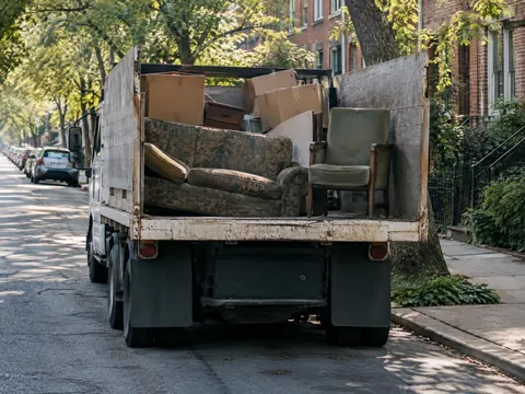 Hauling truck bed loaded with an old couch, a chair and boxes at a curb