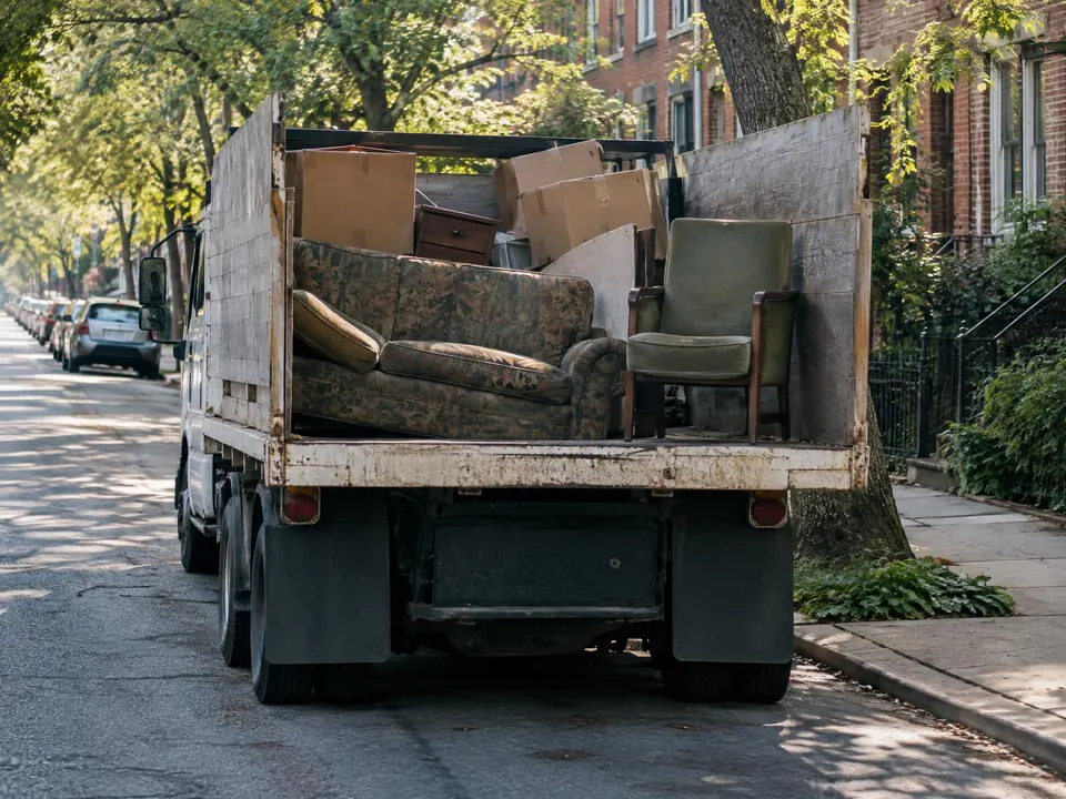 Hauling truck bed loaded with an old couch, a chair and boxes at a curb