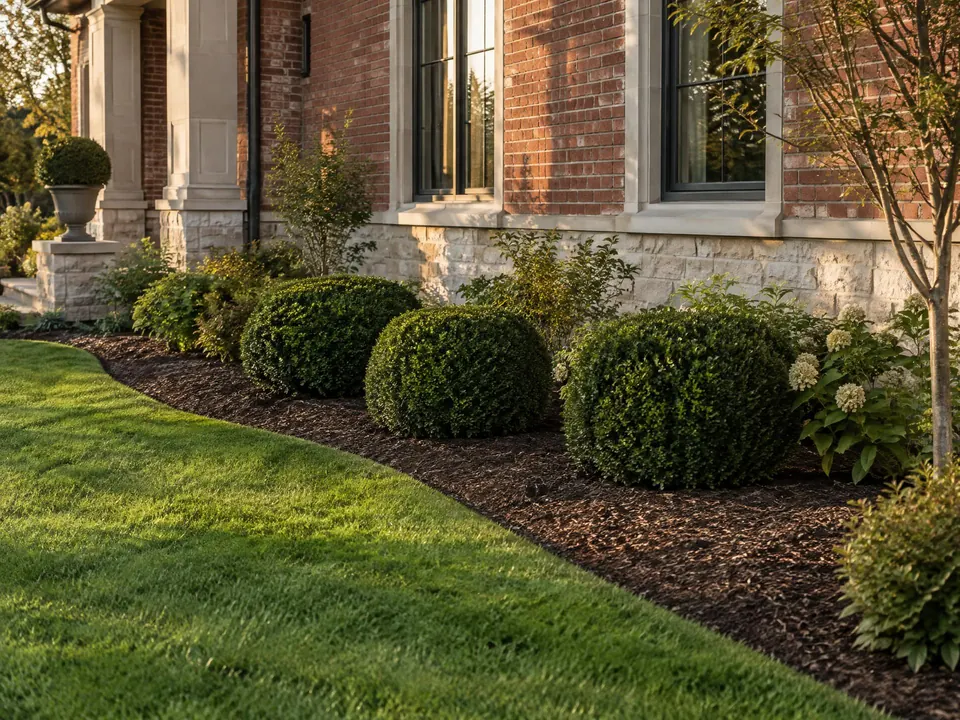 Freshly edged and mulched beds around boxwoods in front of a brick home