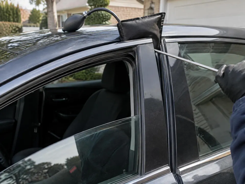 Air wedge and long-reach tool at the top of a car door