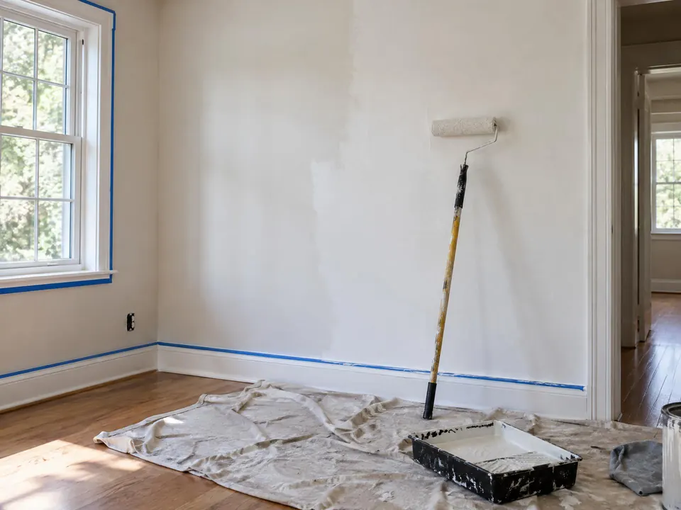 Paint roller and tray on a drop cloth beside a freshly painted wall