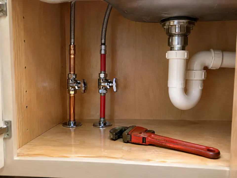 Pipes under a kitchen sink with new shutoff valves and a pipe wrench