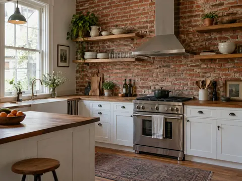 Updated kitchen with white cabinets, warm wood counters and an exposed brick wall