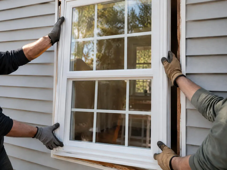 Gloved hands setting a new white window into fresh vinyl siding